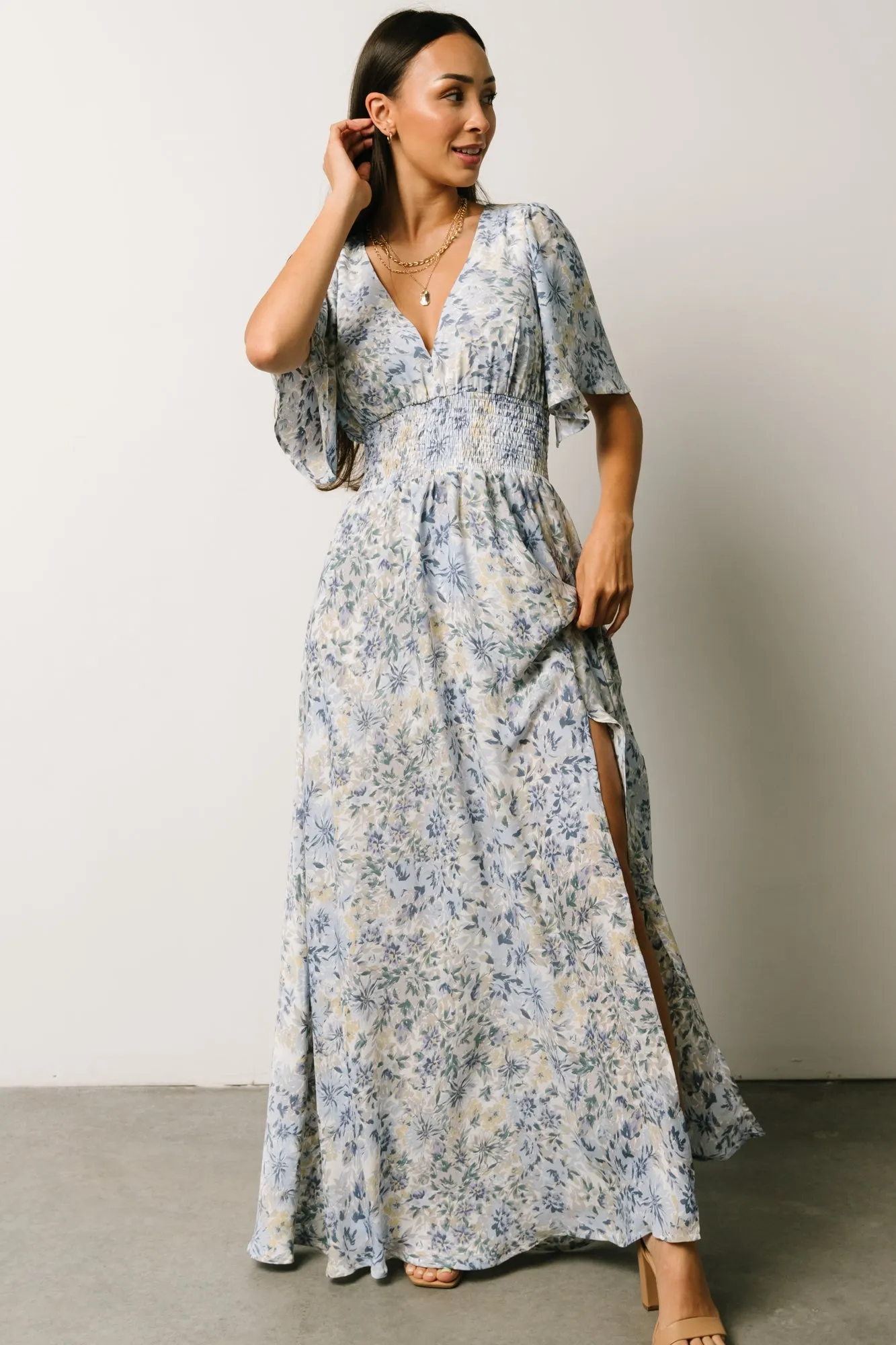 Verona Smocked Maxi Dress | White   Blue Print