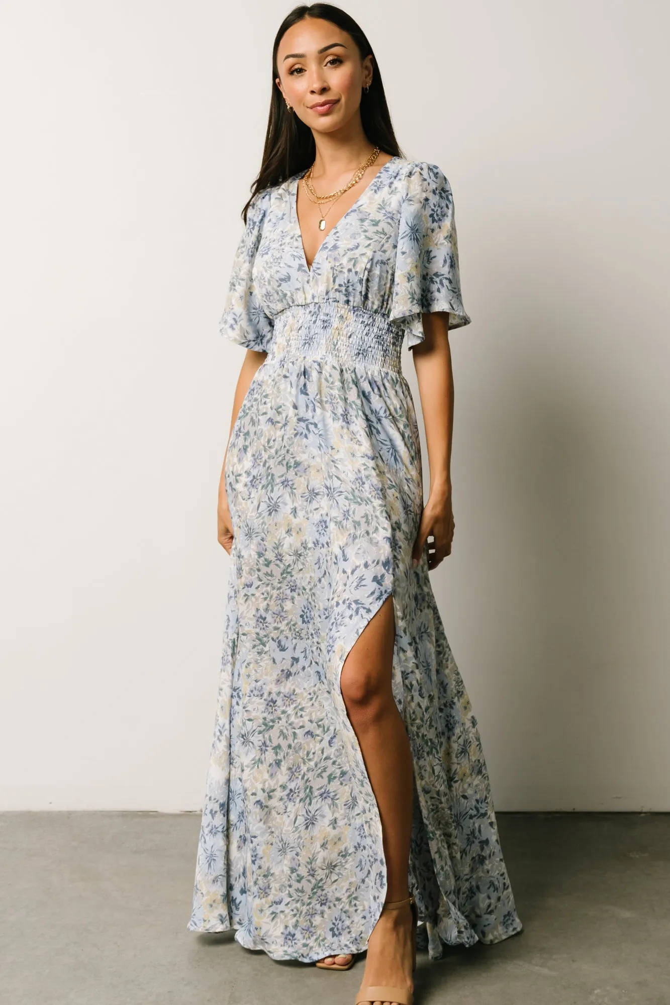 Verona Smocked Maxi Dress | White   Blue Print