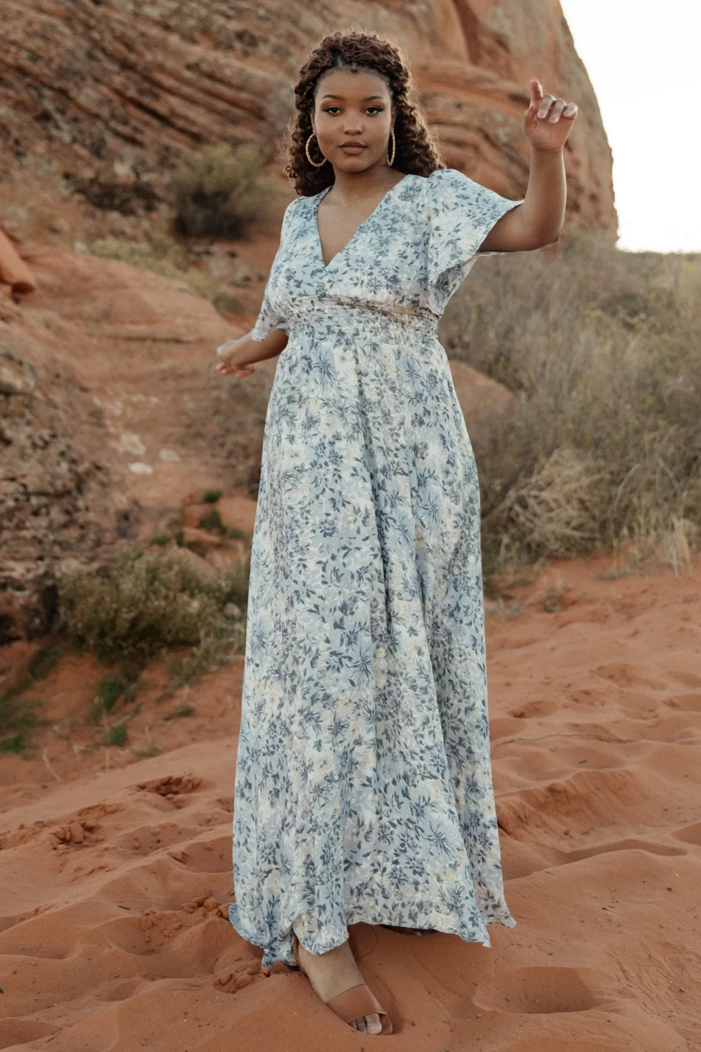 Verona Smocked Maxi Dress | White   Blue Print