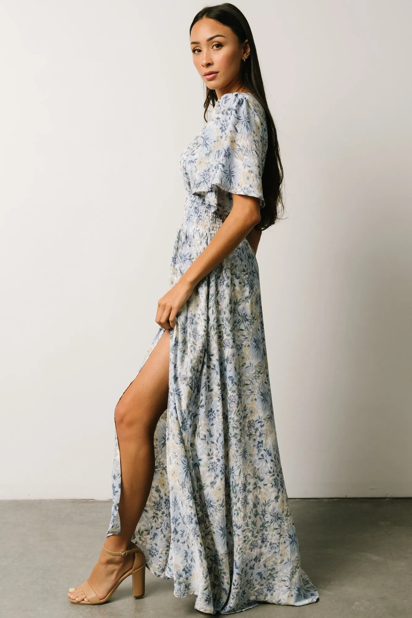 Verona Smocked Maxi Dress | White   Blue Print