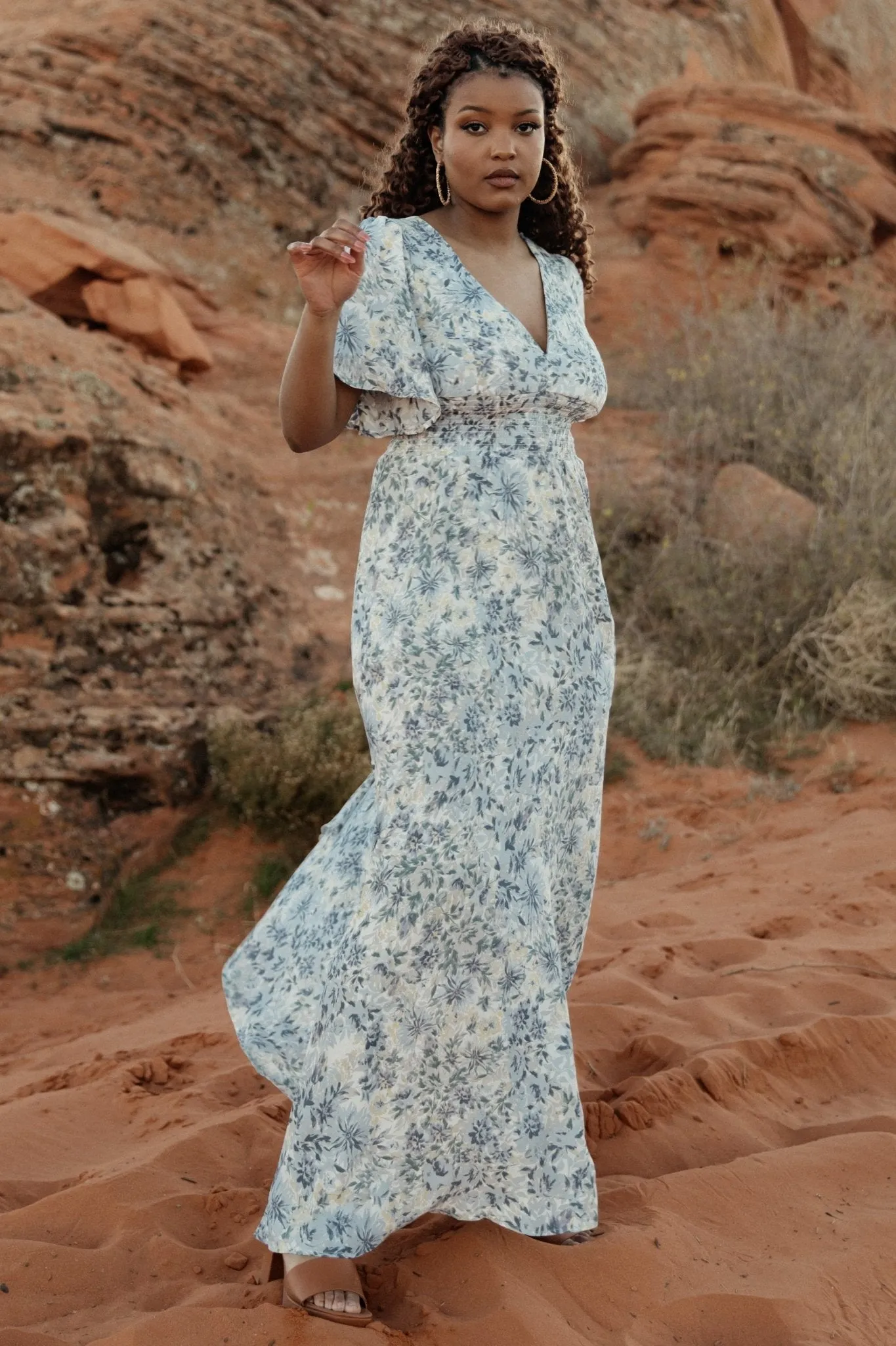Verona Smocked Maxi Dress | White   Blue Print
