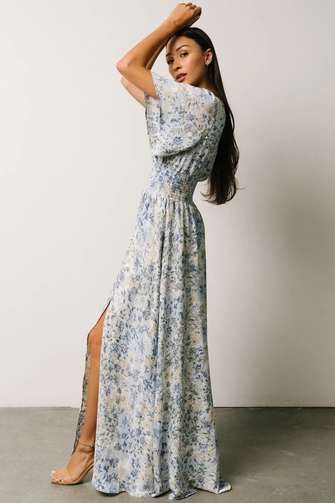 Verona Smocked Maxi Dress | White   Blue Print