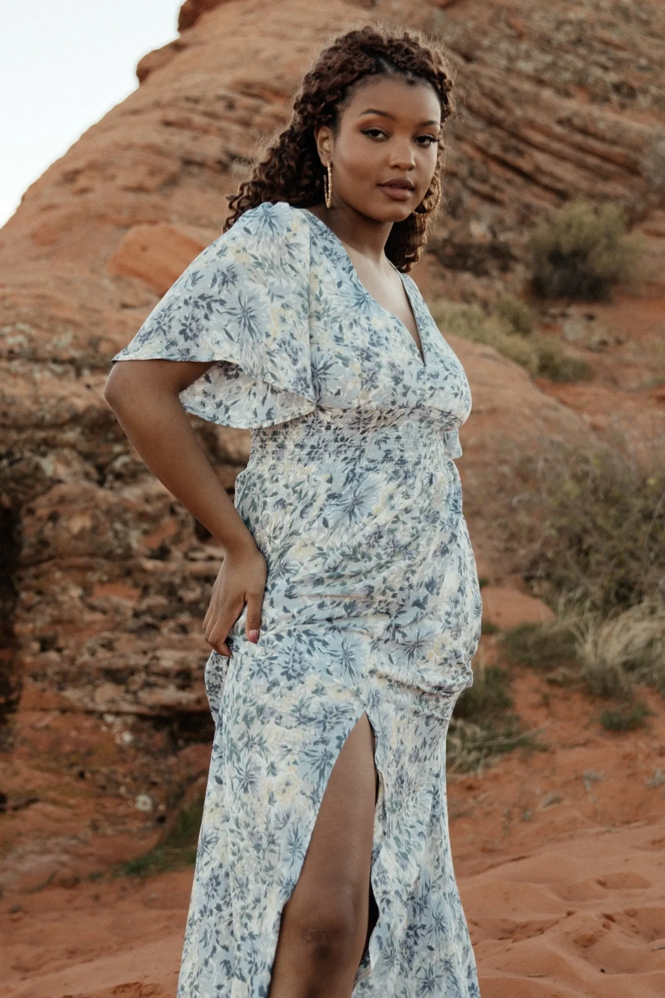 Verona Smocked Maxi Dress | White   Blue Print