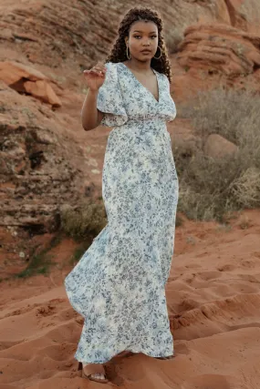 Verona Smocked Maxi Dress | White   Blue Print