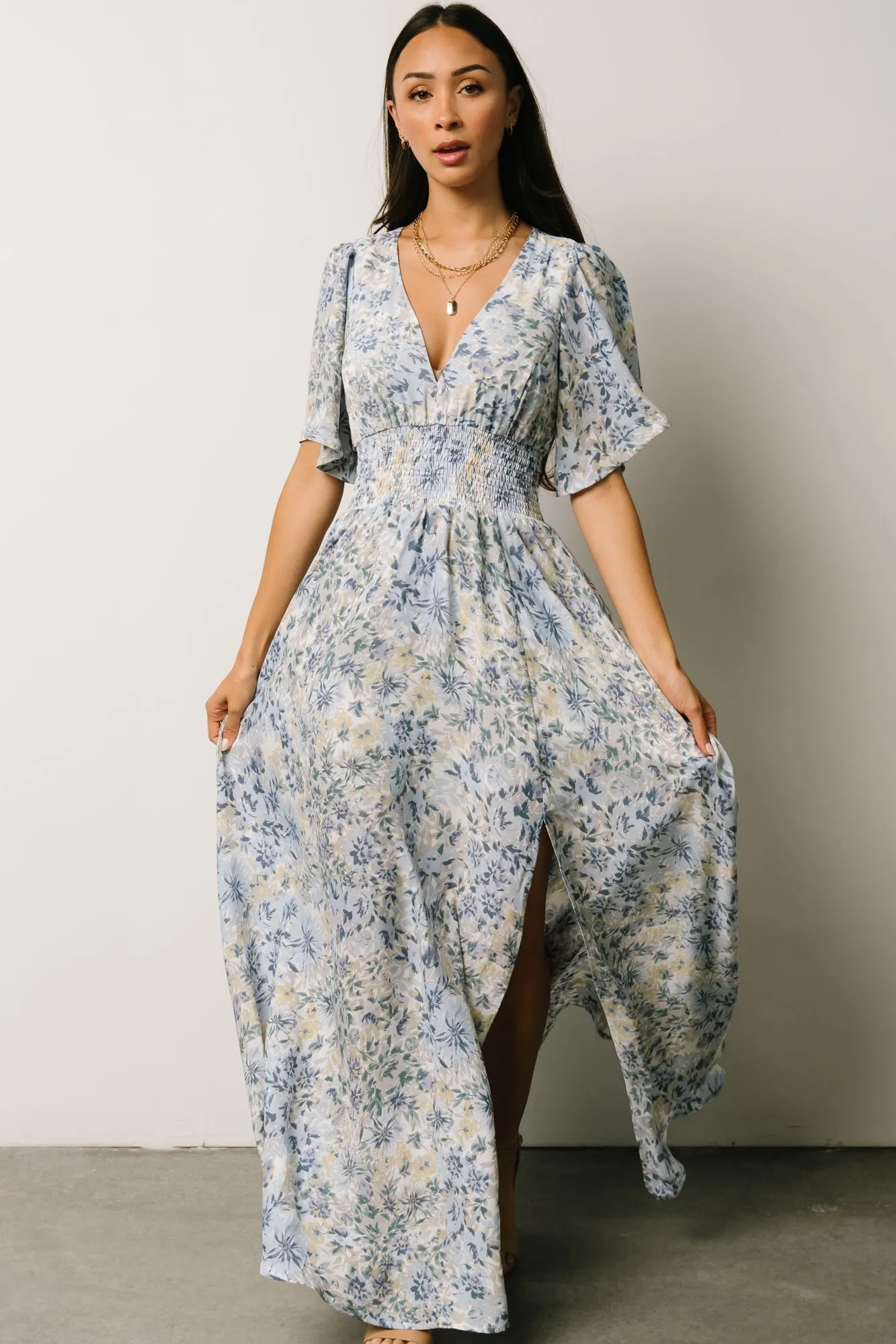 Verona Smocked Maxi Dress | White   Blue Print