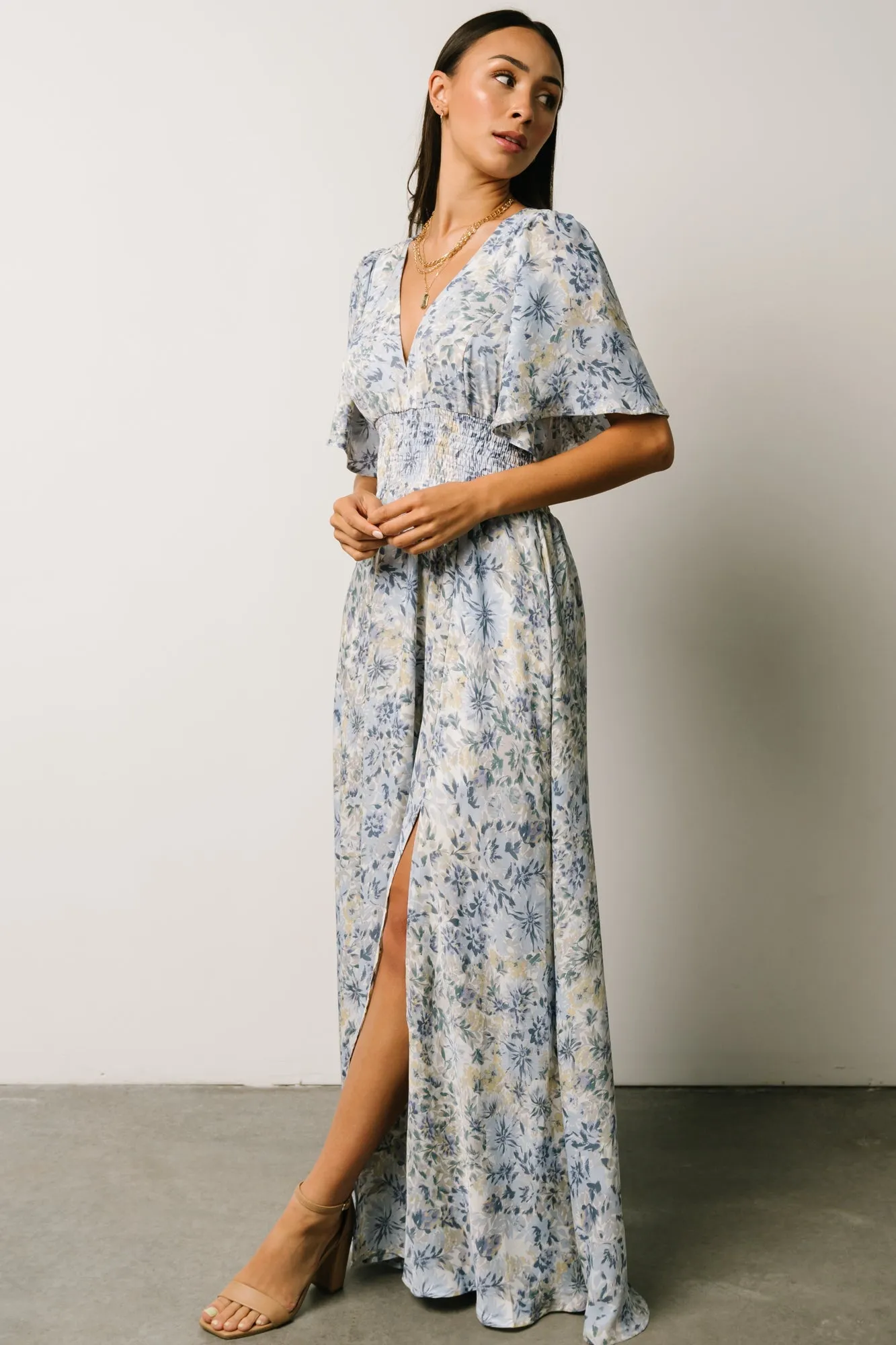 Verona Smocked Maxi Dress | White   Blue Print