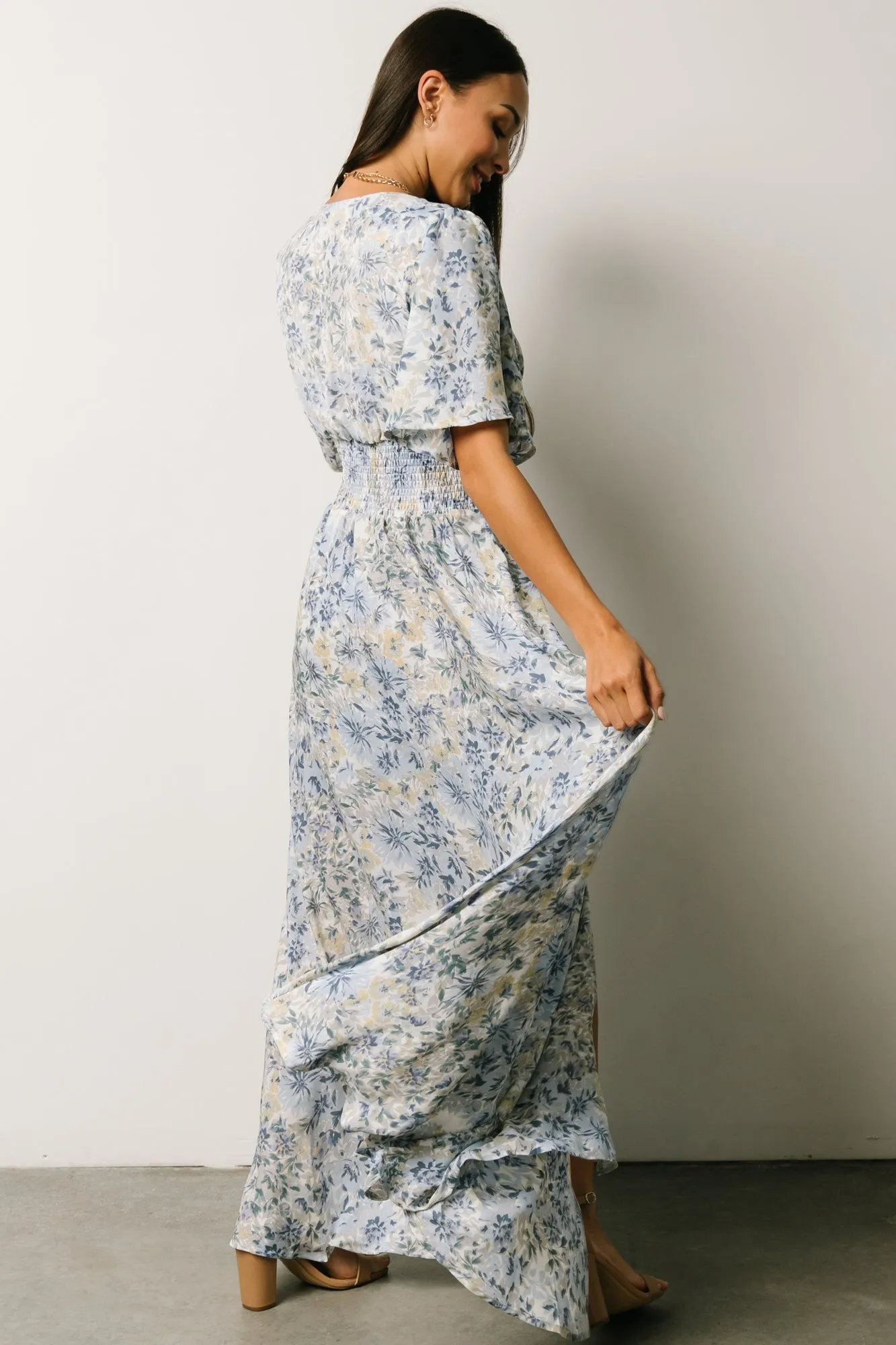 Verona Smocked Maxi Dress | White   Blue Print