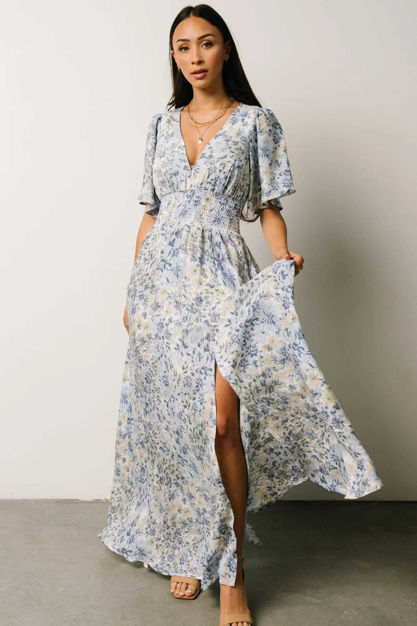 Verona Smocked Maxi Dress | White   Blue Print