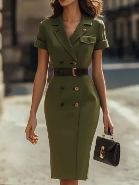 Vintage Short-Sleeve Blazer Midi Dress