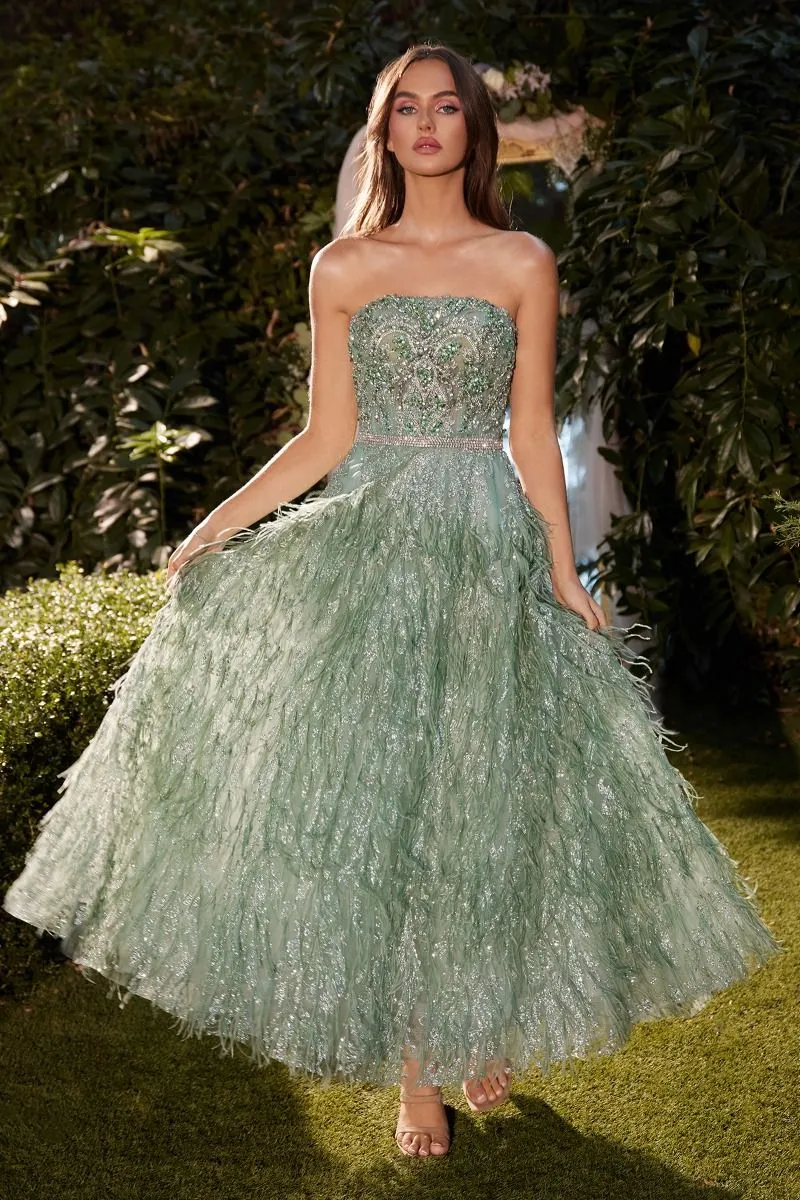 Whimsical Strapless Tea-Length Gown with Glittered Feathers and Beaded Bodice