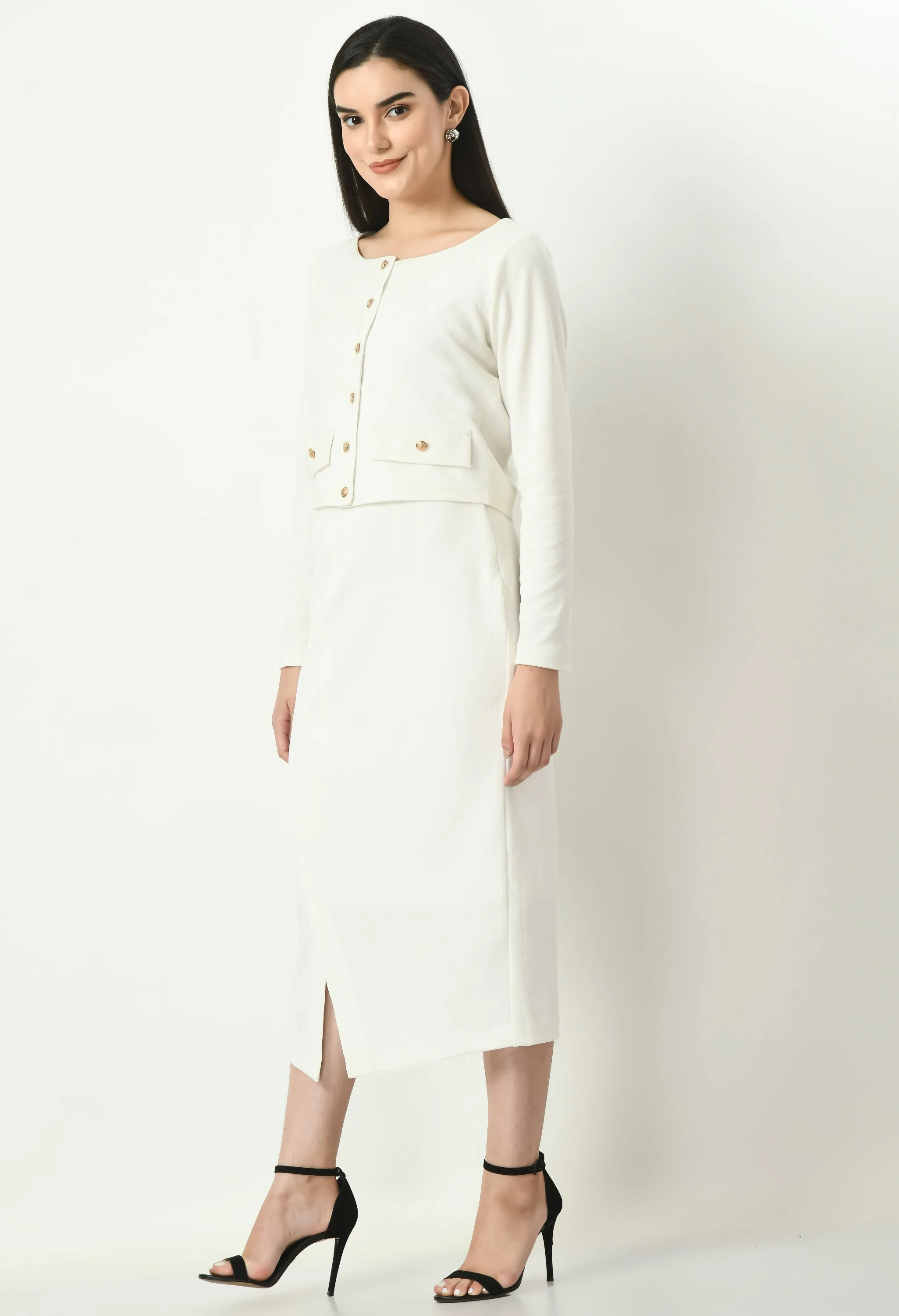 White Euphoria Pencil Midi Skirtwith Front Slit
