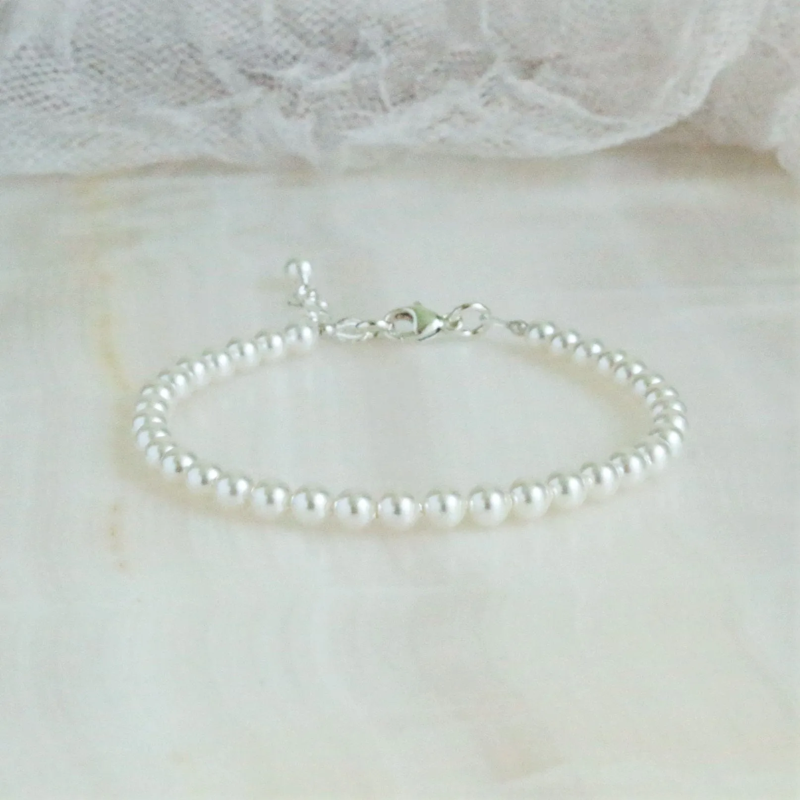 White Pearl & Sterling Silver Minimalist Bracelet - 4mm