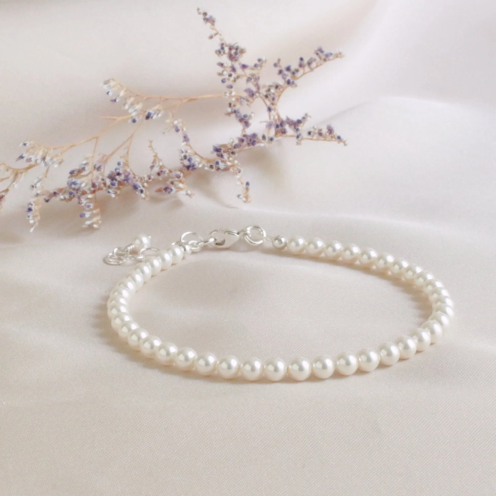 White Pearl & Sterling Silver Minimalist Bracelet - 4mm