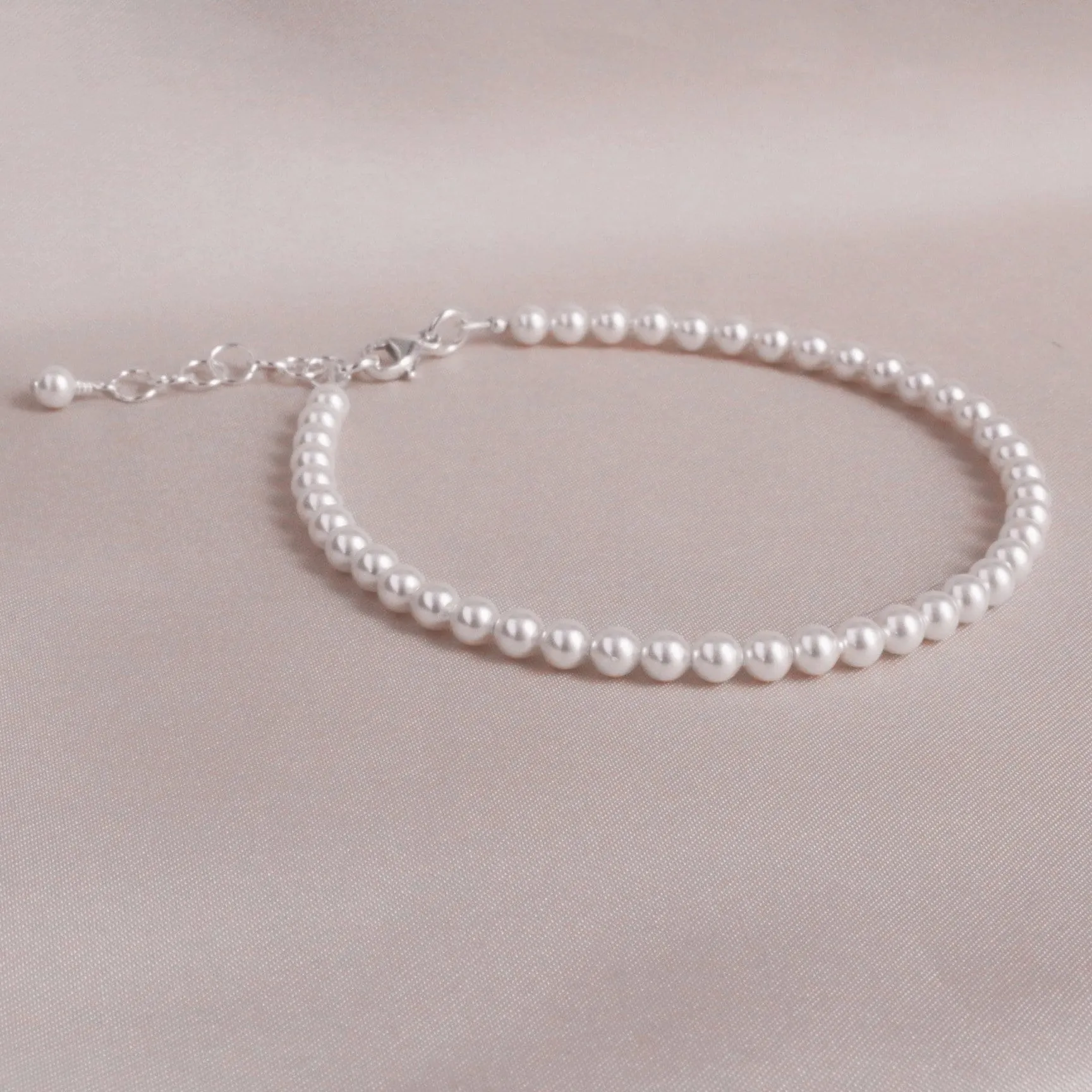 White Pearl & Sterling Silver Minimalist Bracelet - 4mm