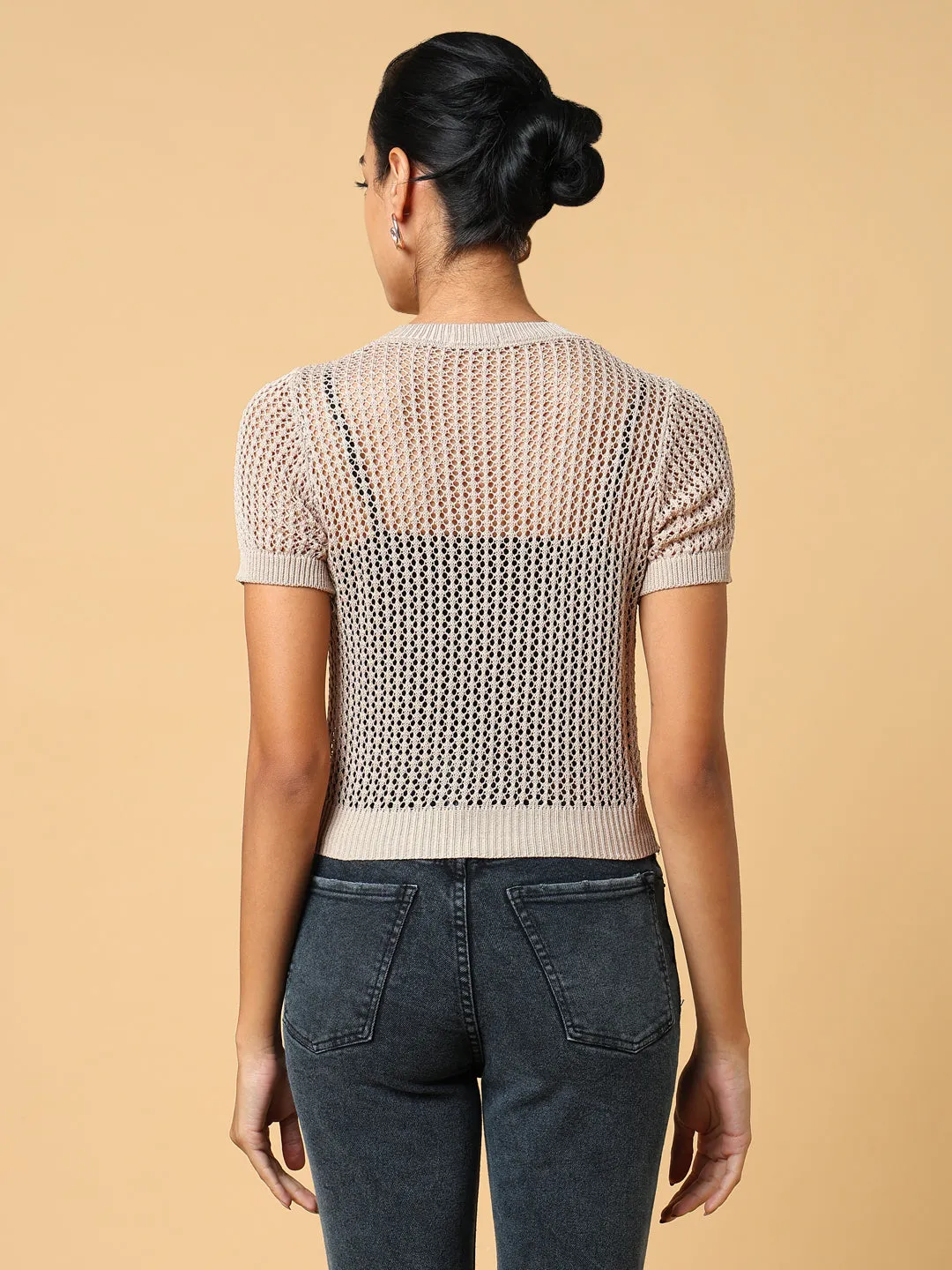 Women Beige Solid Crochet Top