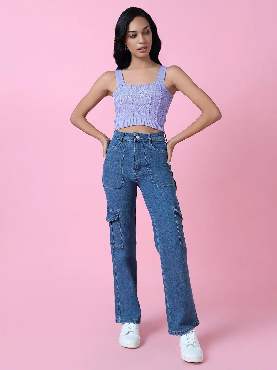 Women Lavender Solid Crochet Crop Top