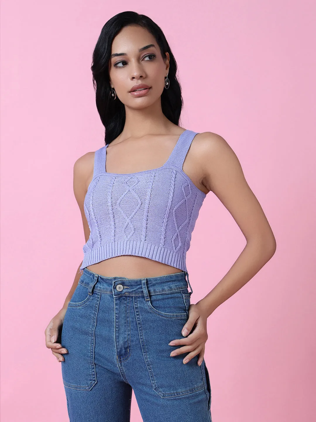 Women Lavender Solid Crochet Crop Top