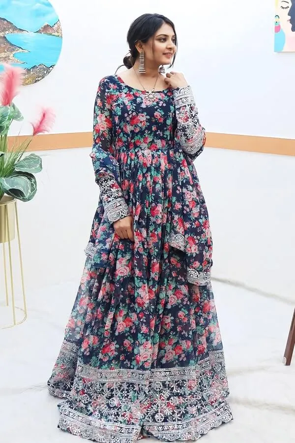 Women's Georgette Floral Printed Gown Design For Wedding Guest