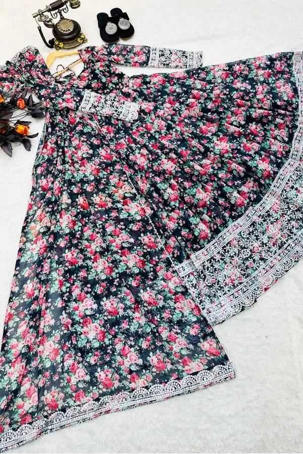 Women's Georgette Floral Printed Gown Design For Wedding Guest