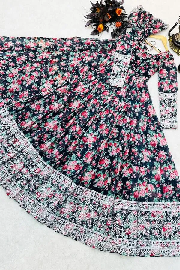 Women's Georgette Floral Printed Gown Design For Wedding Guest