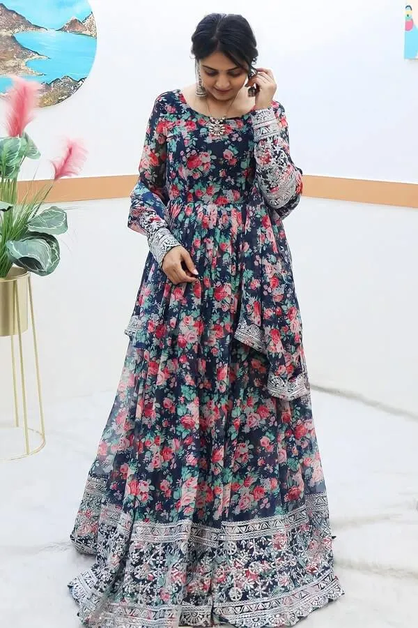 Women's Georgette Floral Printed Gown Design For Wedding Guest