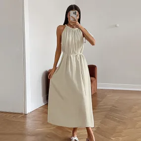 Women's Khaki Cotton-Linen Sleeveless Halter Neck High Waist A-Line Dress