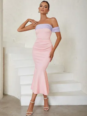Women's Pink Midi Bandage Dress Strapless Flounce Sleeve - GFIT SPORTS