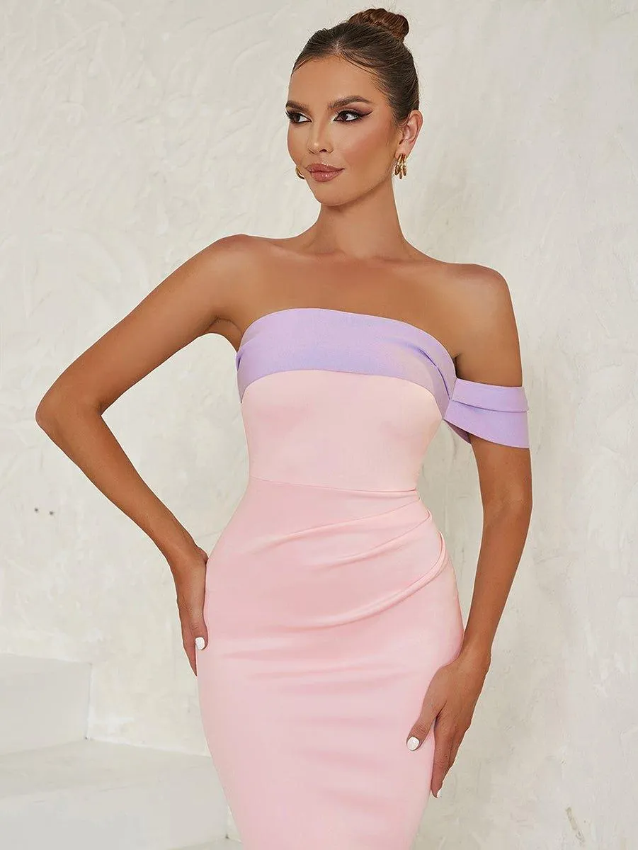 Women's Pink Midi Bandage Dress Strapless Flounce Sleeve - GFIT SPORTS
