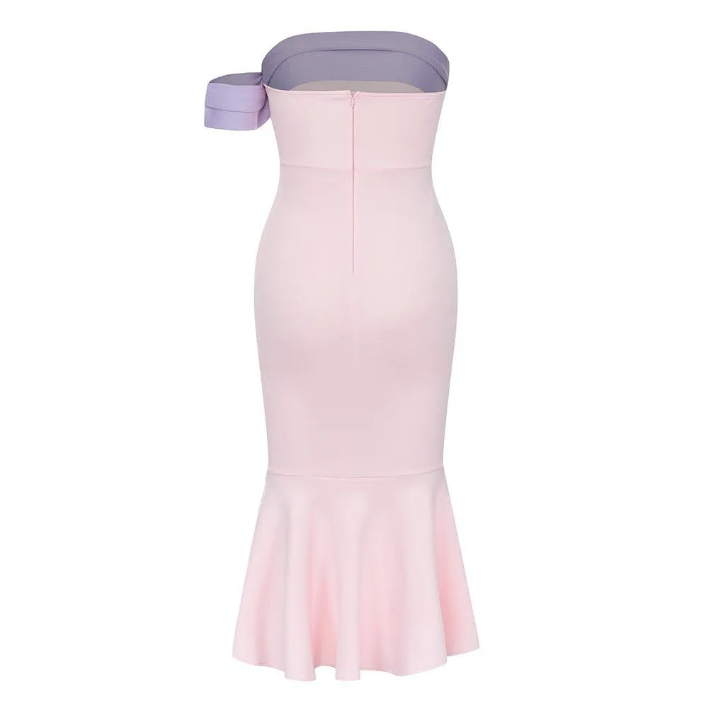 Women's Pink Midi Bandage Dress Strapless Flounce Sleeve - GFIT SPORTS