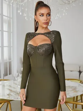 Women's Sequined Mini Bandage Dress Long Sleeve Round Neck - GFIT SPORTS