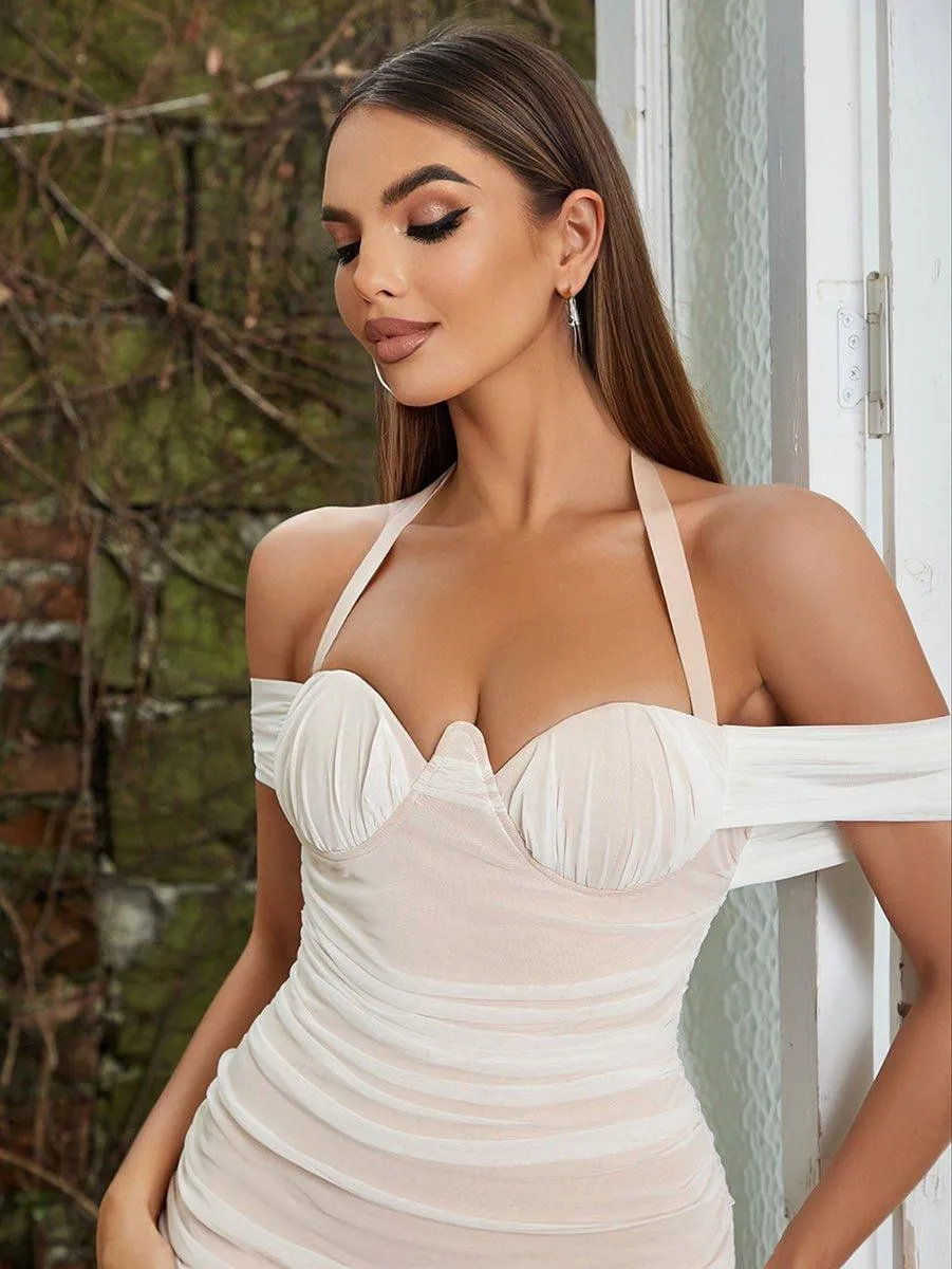 Women's Wrinkled Halter Mini Bandage Dress - Short Sleeve, GFIT
