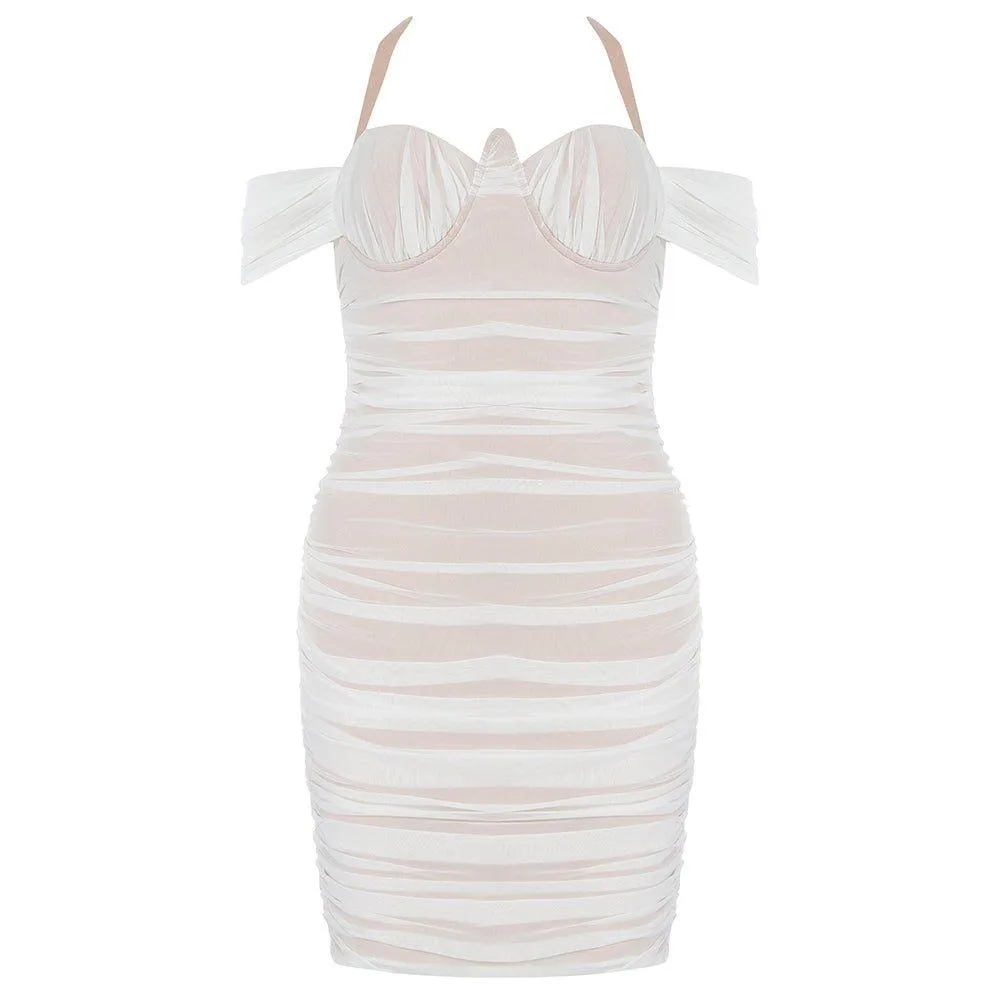 Women's Wrinkled Halter Mini Bandage Dress - Short Sleeve, GFIT