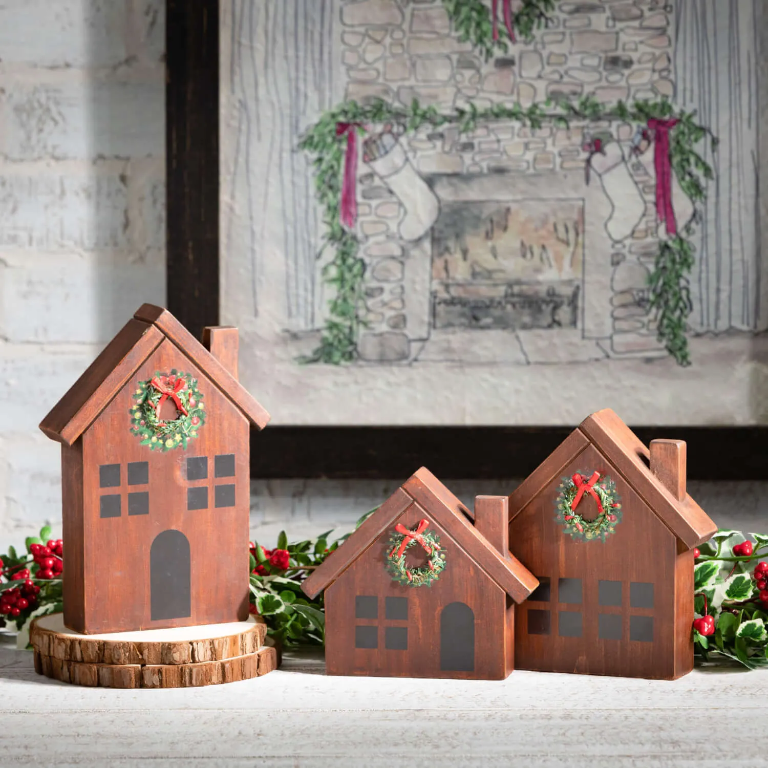 Wood House With Wreath Set 3